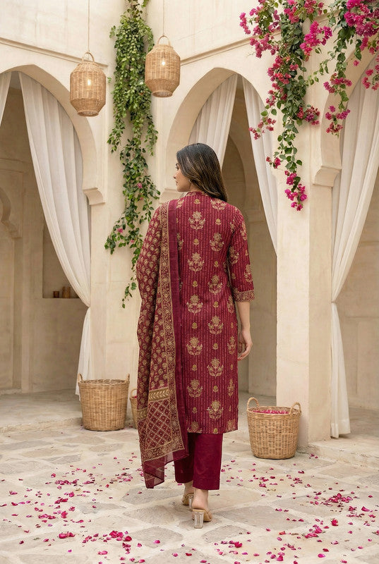 Wine Ethnic Motif Printed Cotton Kurta Set with Dupatta