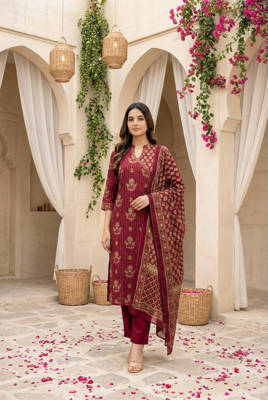 Wine Ethnic Motif Printed Cotton Kurta Set with Dupatta