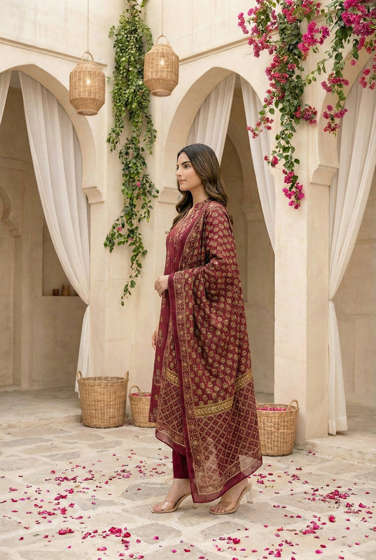 Wine Ethnic Motif Printed Cotton Kurta Set with Dupatta