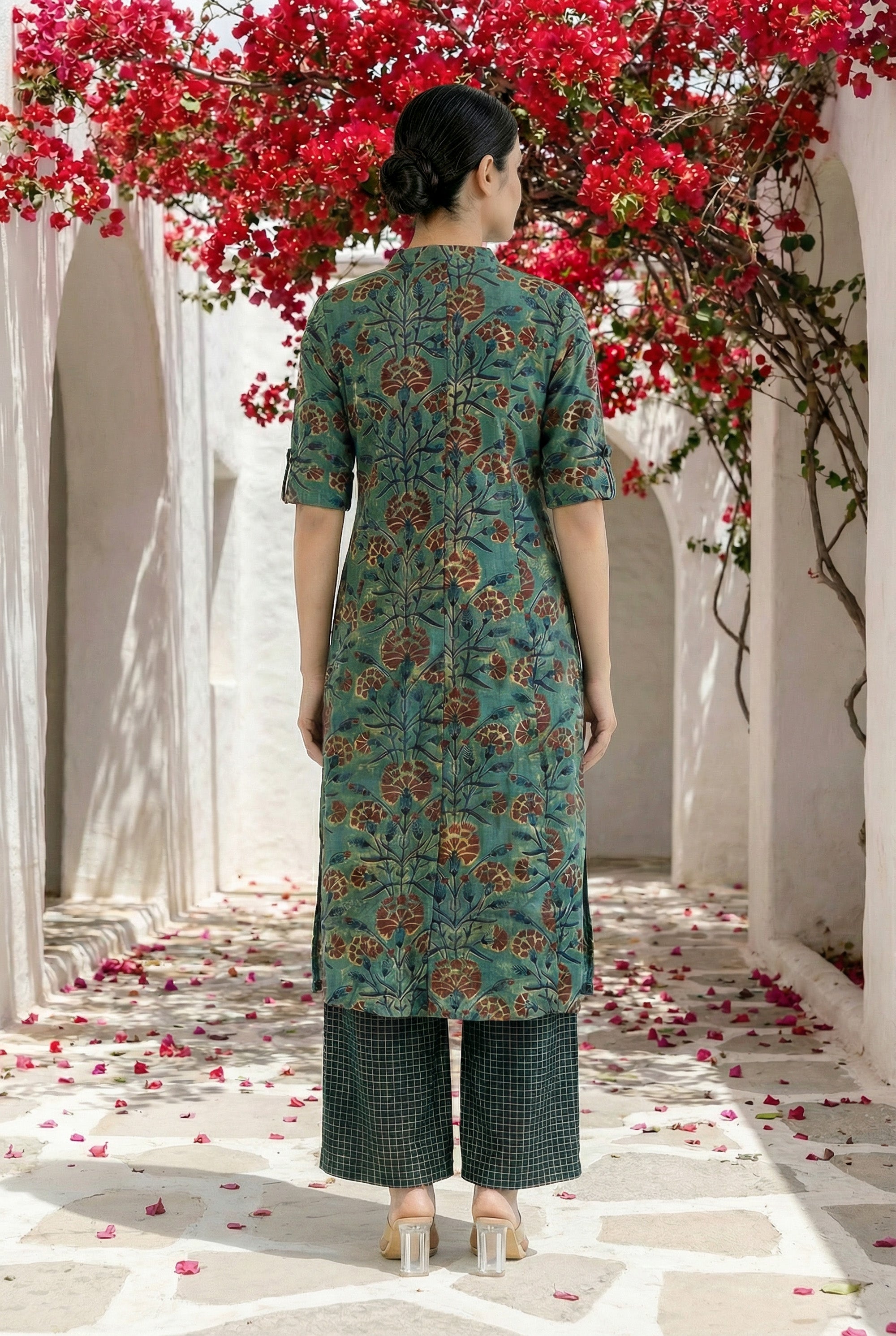 Teal Green Floral Printed Cotton Straight Kurta Set