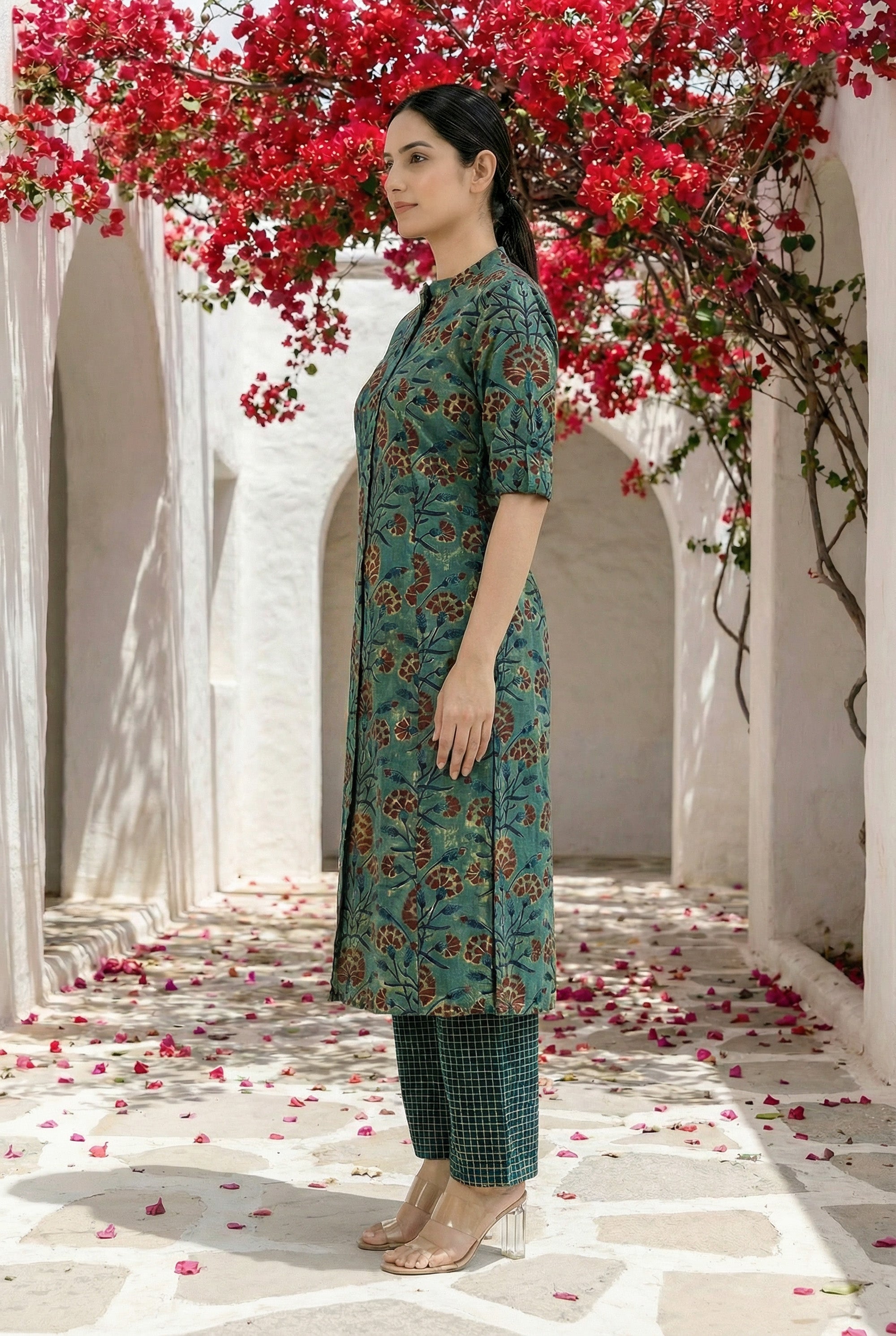 Teal Green Floral Printed Cotton Straight Kurta Set