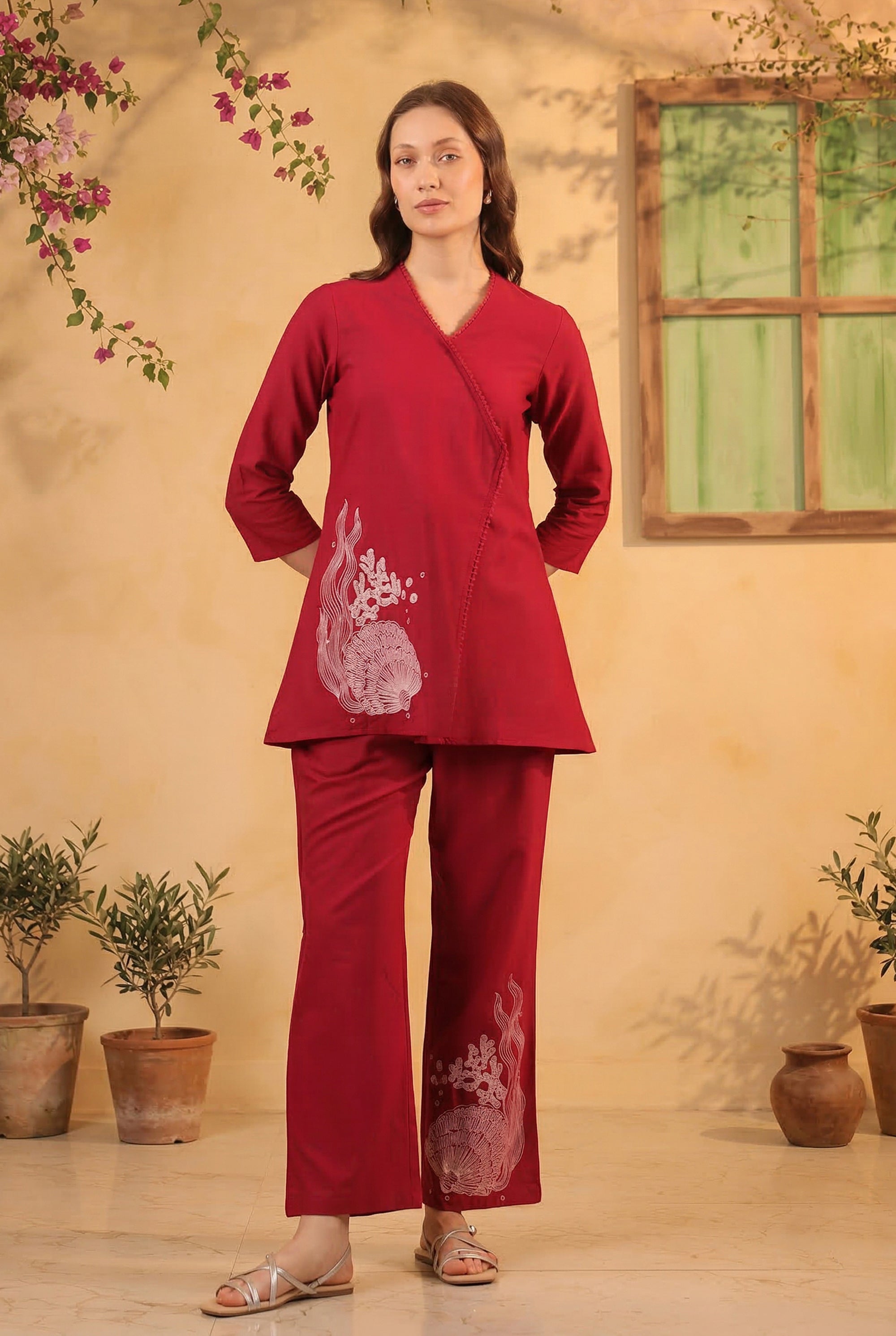 Red Wrap Style Placement Embroidered Cotton Flex Two Piece Co-ord Set