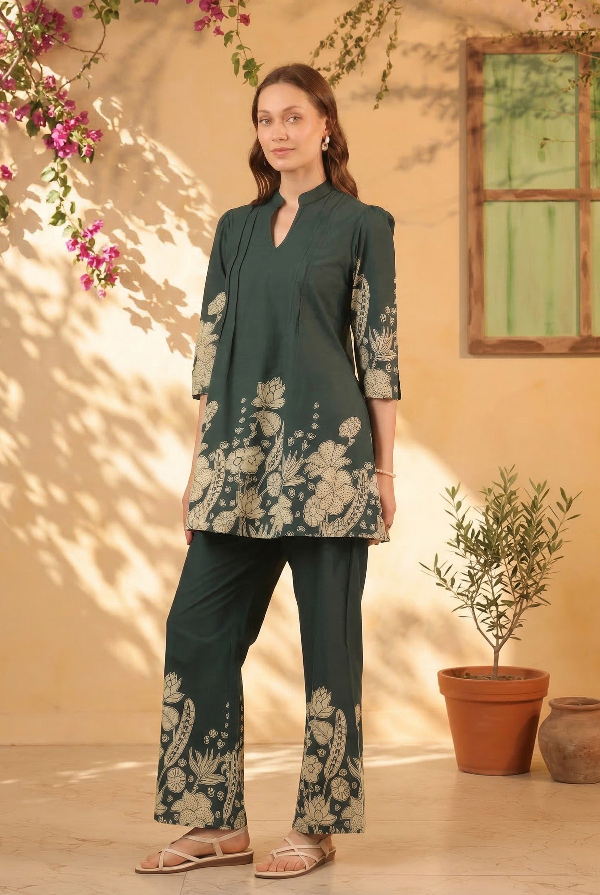 Teal Green Floral Statement Printed Cotton Co-ord Set