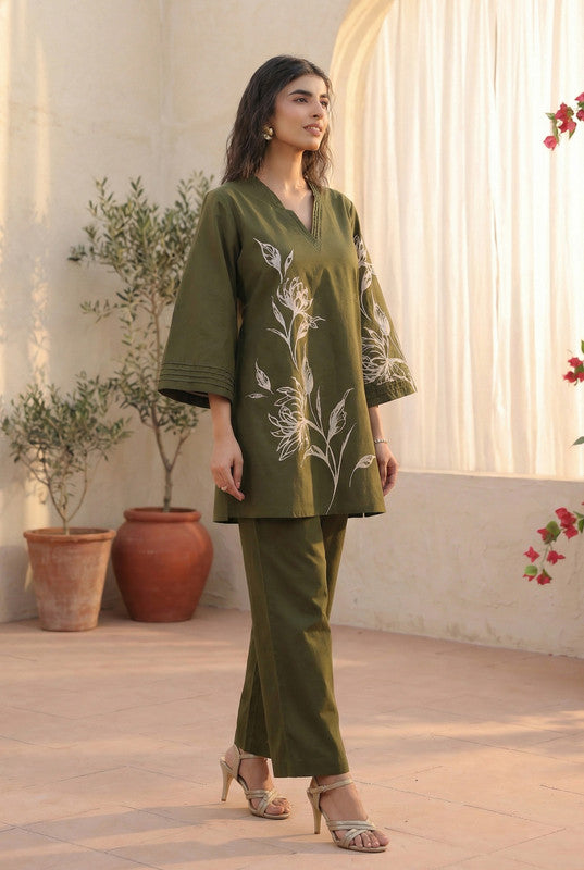 Olive Green Artistic Floral Printed Cotton Co-ord Set