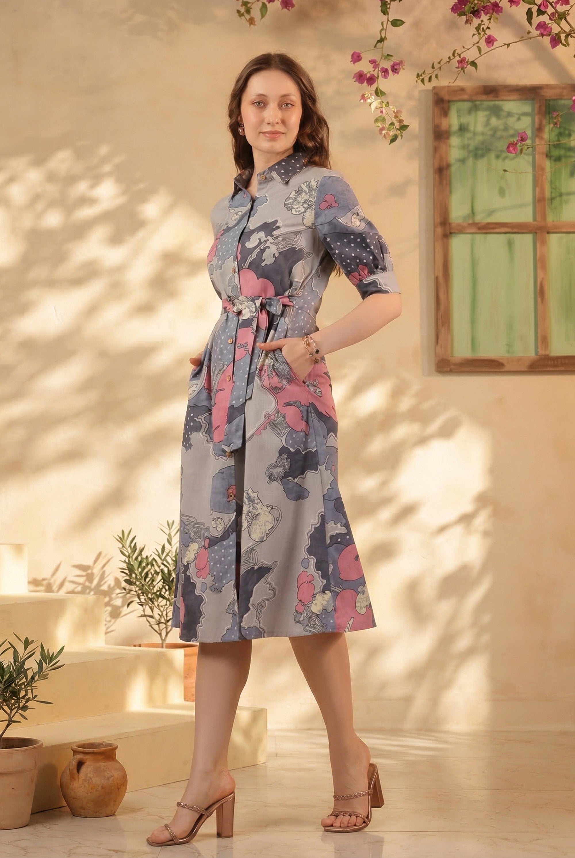 Grey Multi-Floral Abstract Printed Cotton Flex Button-Front Tie-Waist Midi Dress