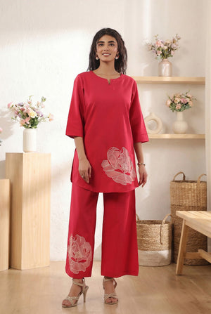 Pink Botanical Floral Embroidered Cotton Flex Co-ord Set