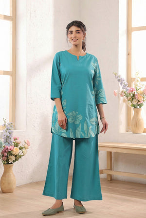 Sea Blue Elegant Floral Printed Cotton Co-ord Set
