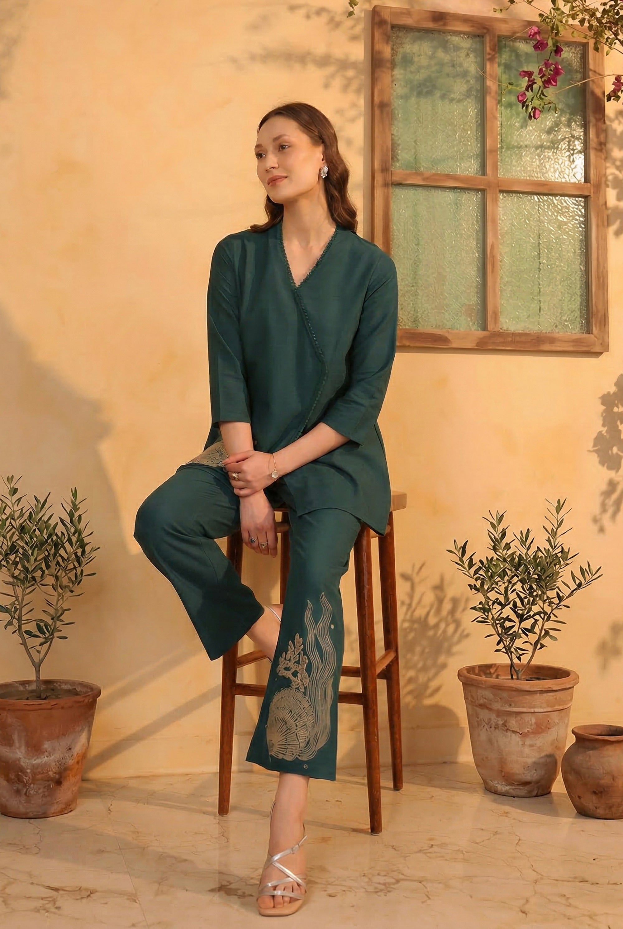 Teal Designer Contemporary Embroidered Cotton Flex Tunic with Straight Pants Co-ord Set