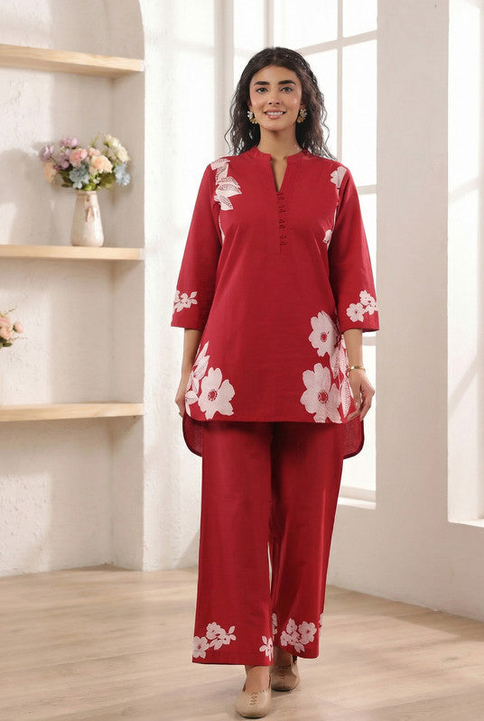 Red Floral Printed Cotton  Co-ord Set with Matching Pants