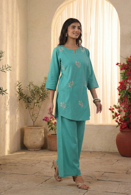 Sea Green Minimal Embroidered Leaf Motif Cotton FlexCo-ord Set