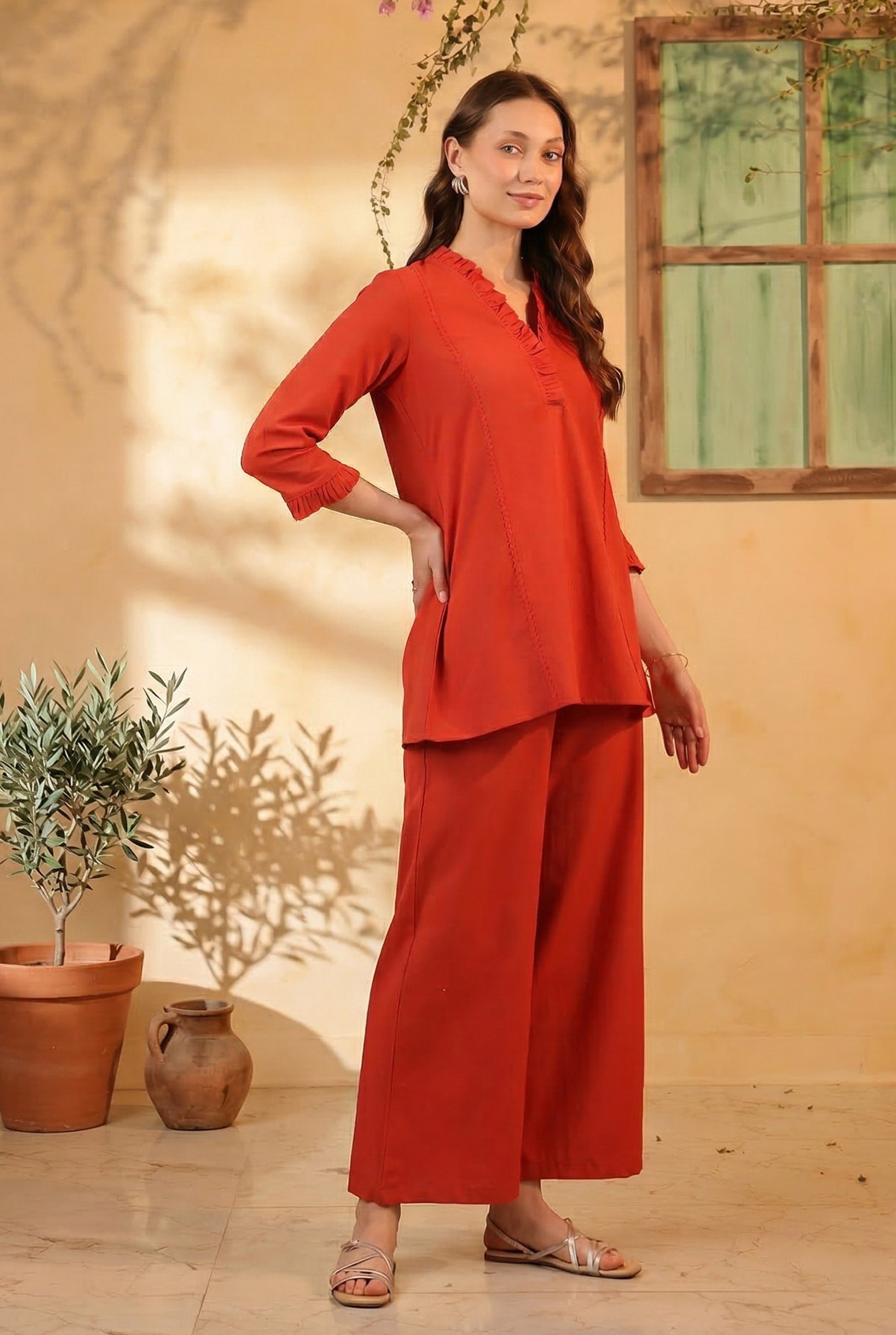 Rust Orange V-Neck Ruffle Style Detail Solid Cotton Flex Relaxed Fit Two-Piece Co-ord Set