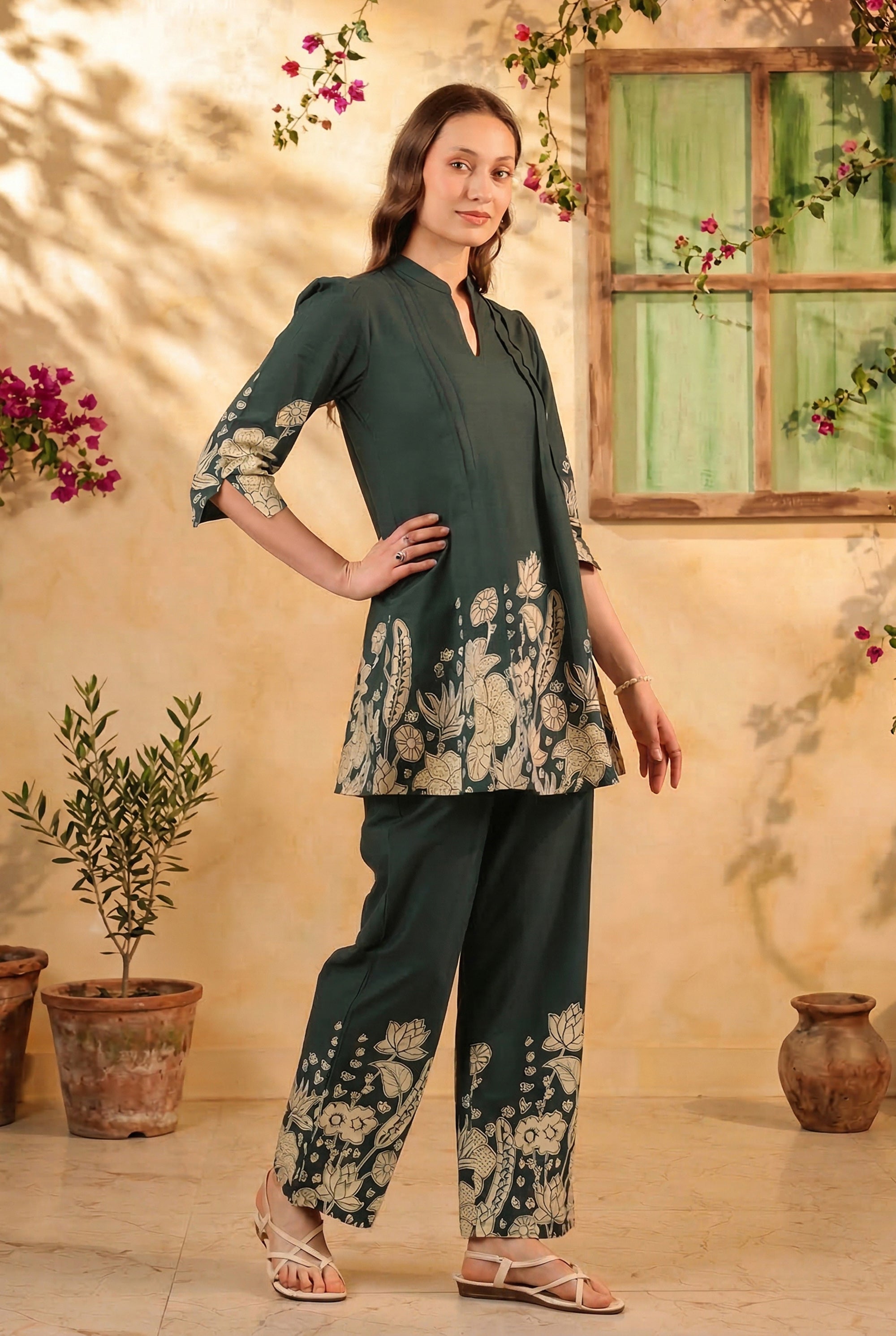 Teal Green Floral Statement Printed Cotton Co-ord Set