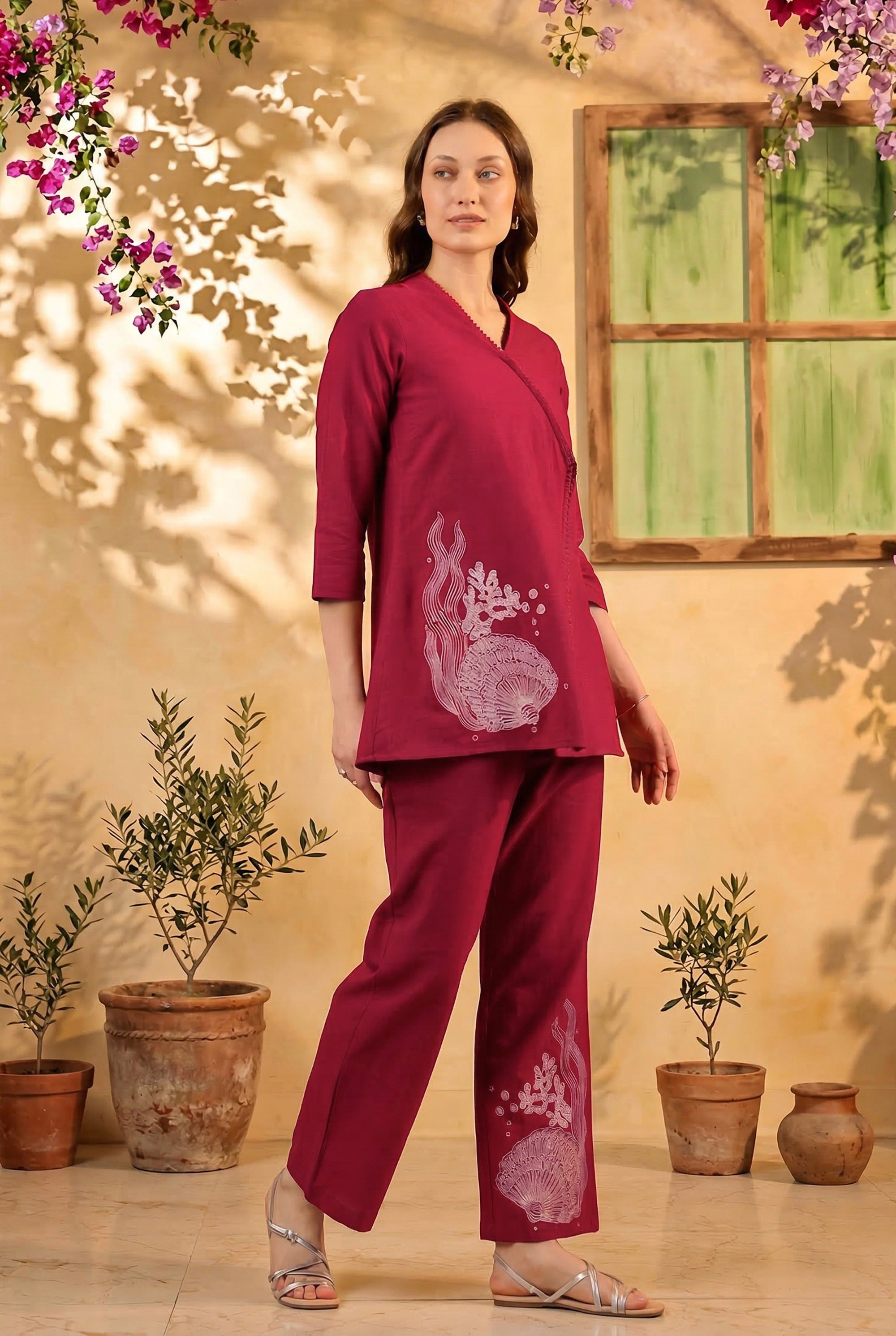 Purple Wrap Style Placement Embroidered Cotton Flex Two Piece Co-ord Set