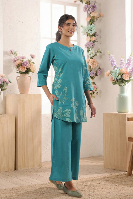 Teal Green Elegant Floral Printed Cotton Co-ord Set