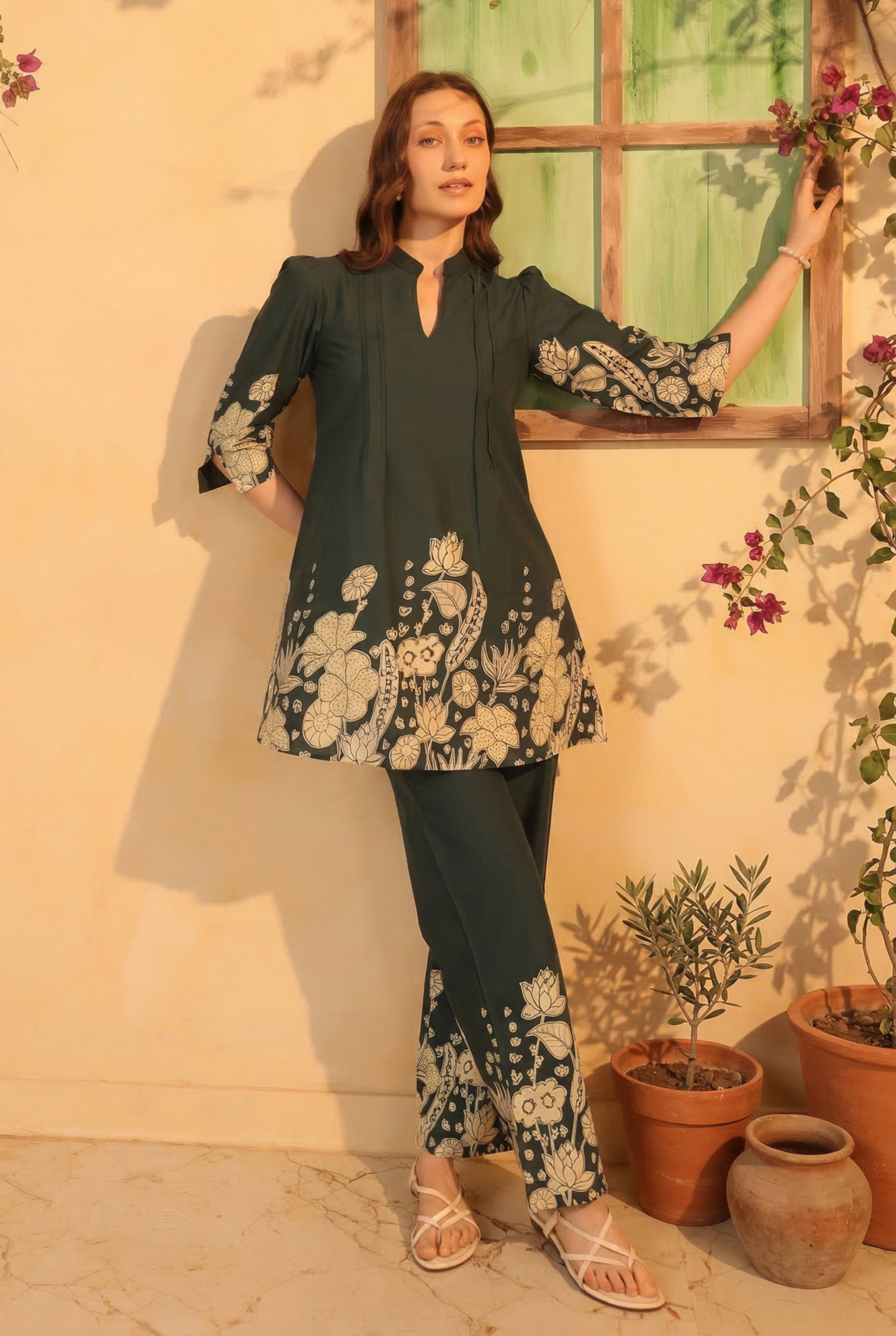 Teal Green Floral Statement Printed Cotton Co-ord Set