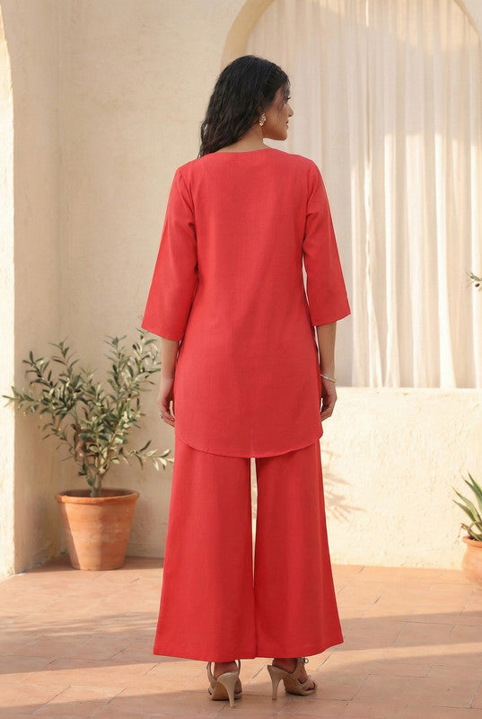 Coral Red Minimal Floral Embroidered Cotton Flex Co-ord Set