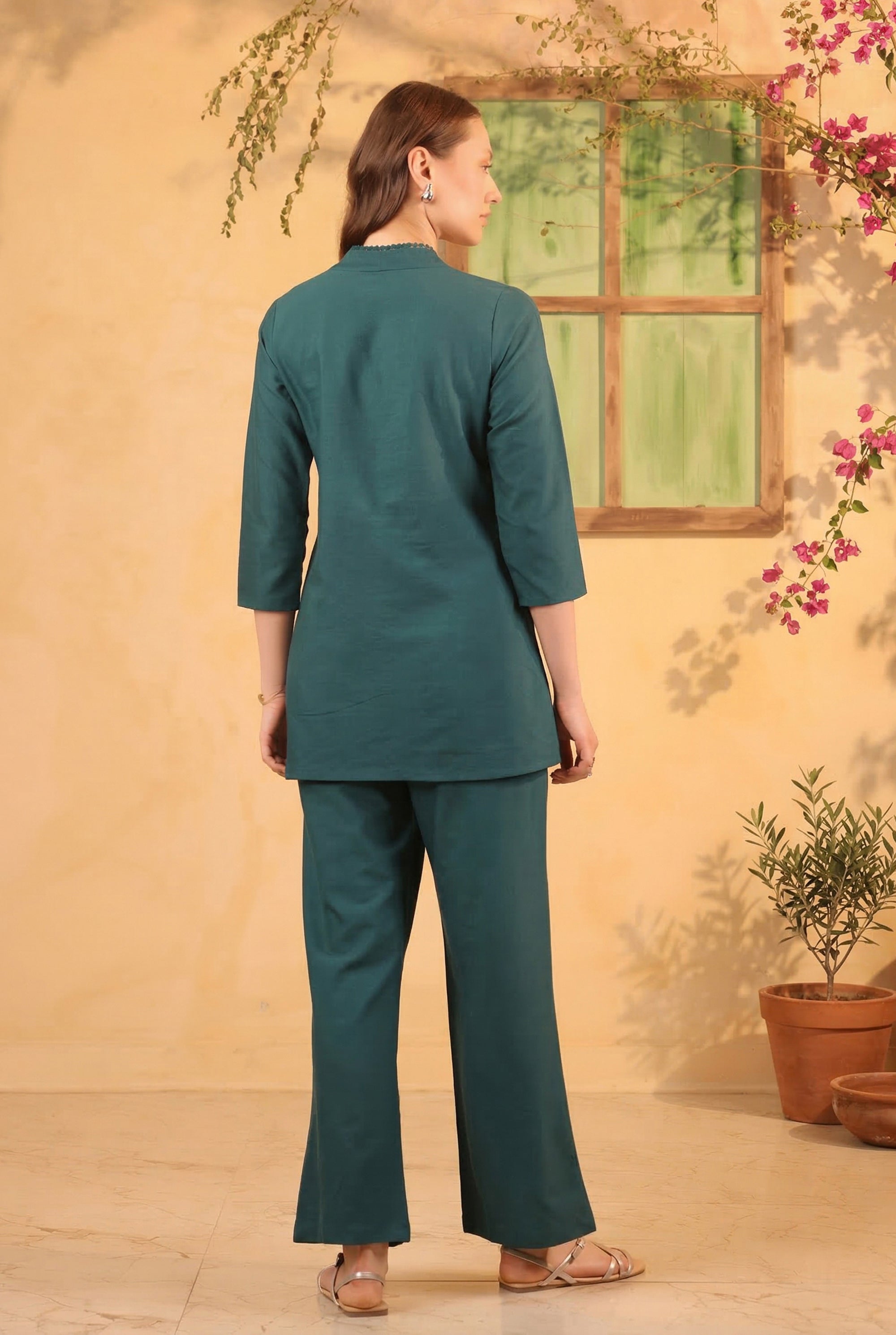 Teal Designer Contemporary Embroidered Cotton Flex Tunic with Straight Pants Co-ord Set
