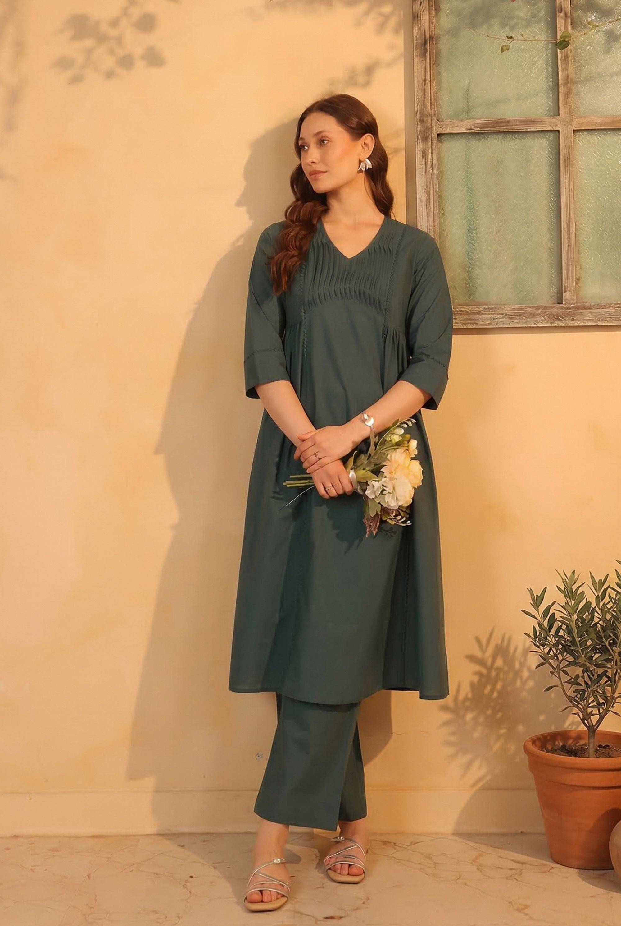 Green Classic Pintuck Solid Cotton Designer Kurta with Pant Set
