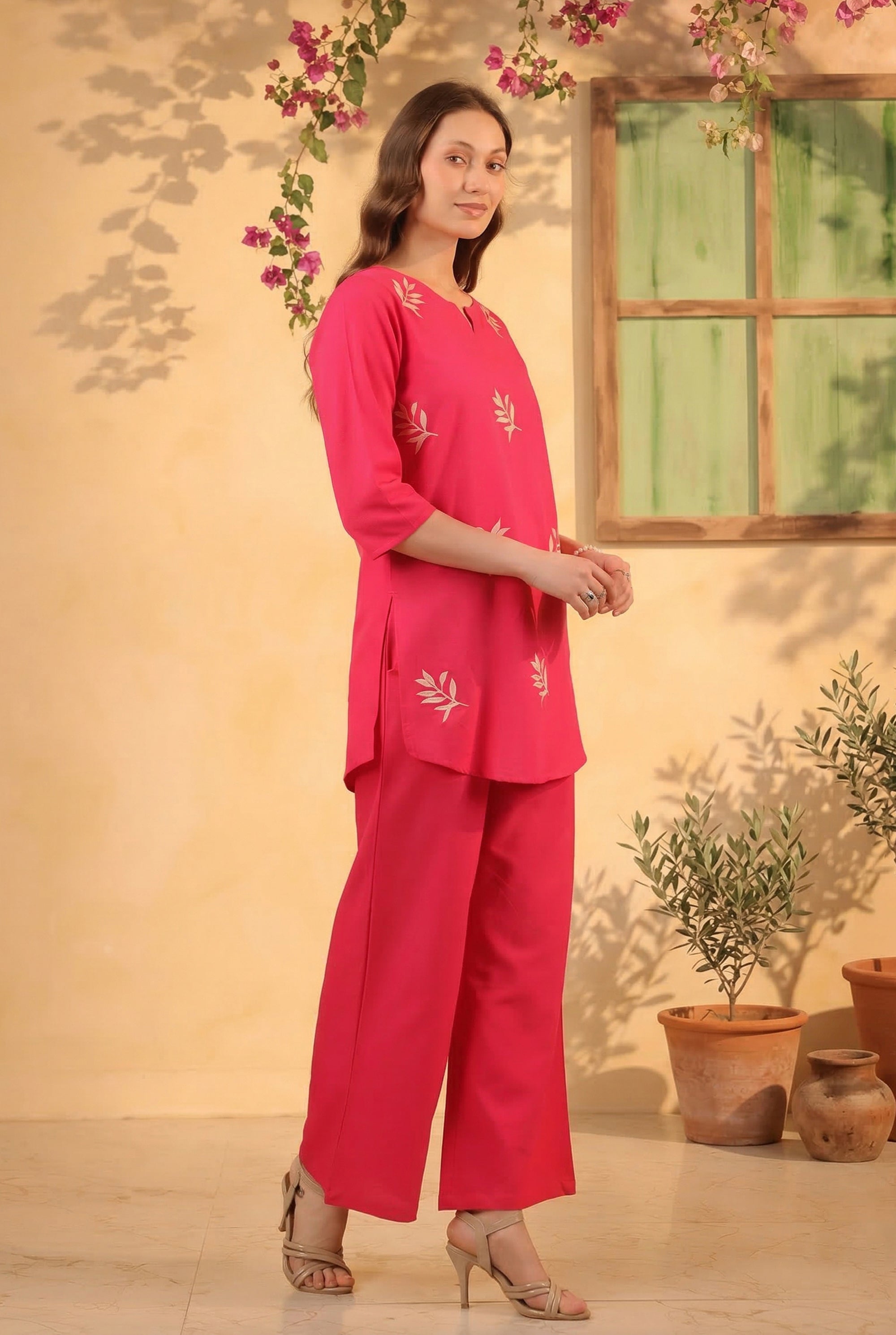 Pink Traditional Gold Leaf Motif Embroidered Cotton Flex Two Piece Co-ord Set