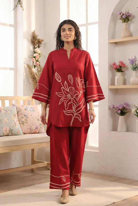 Red Statement Floral Printed Cotton Co-ord Set