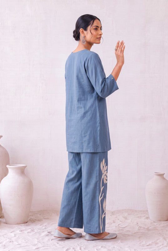 Dusty Blue Floral Cotton Flex Embroidered Co-Ord Set
