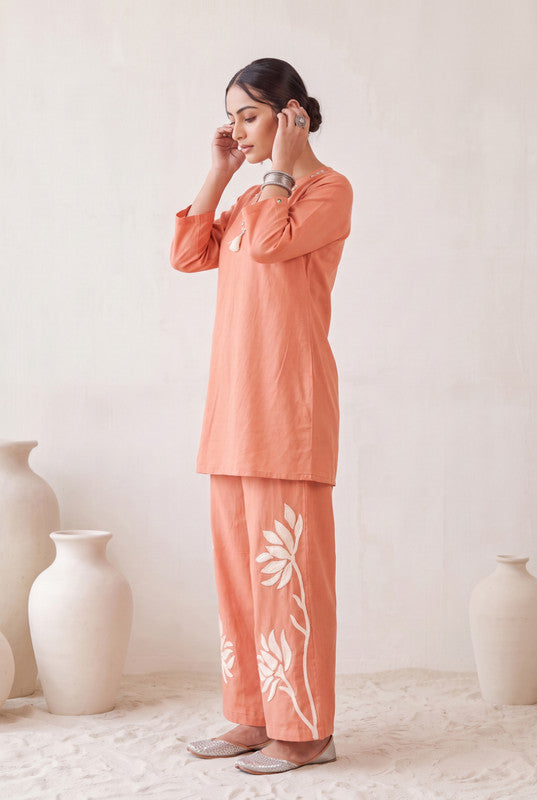 Peach Floral Cotton Flex Embroidered Co-Ord Set