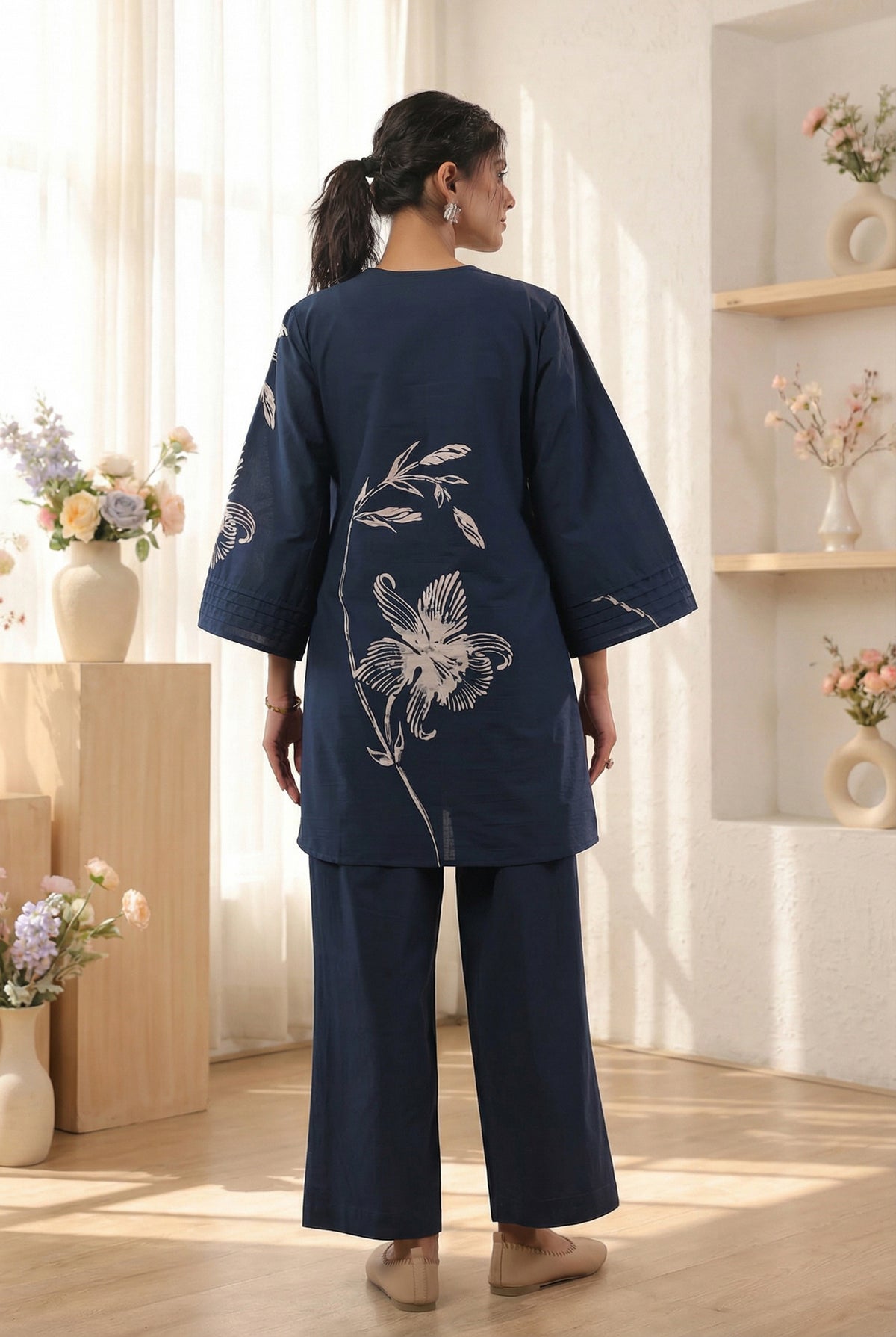 Navy Blue Floral Printed Cotton Co-ord Set