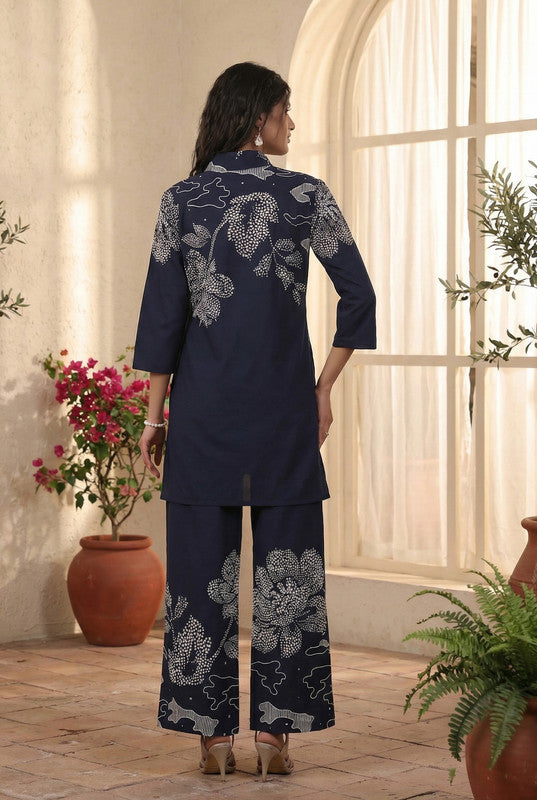 Navy Blue Elegant Floral Cotton Co-ord Set