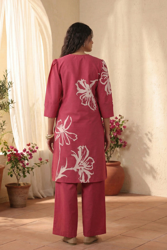 Rose Pink Elegant Floral Printed Cotton Co-ord Set