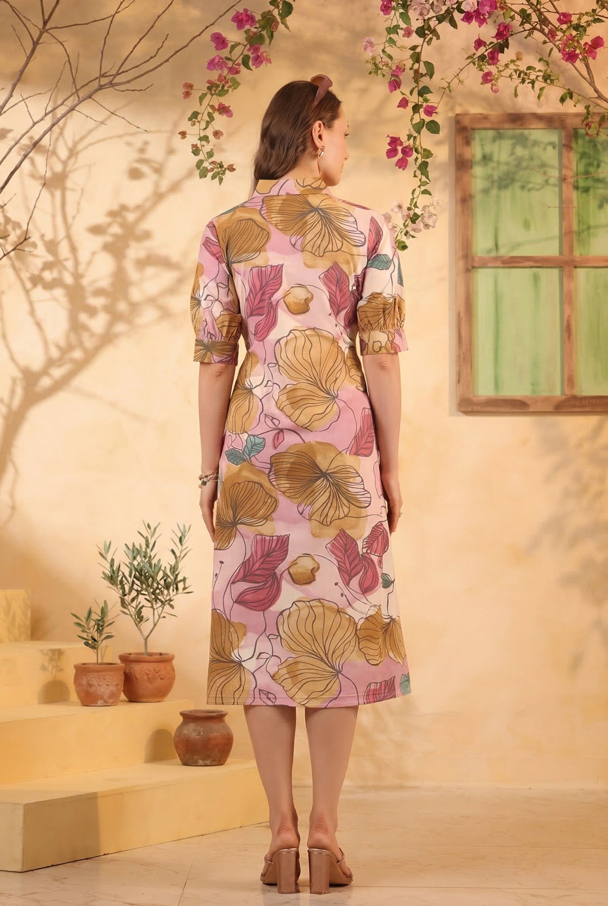 Pink Multi-Leaf Printed Cotton Flex Tie-Up Waist Midi Dress