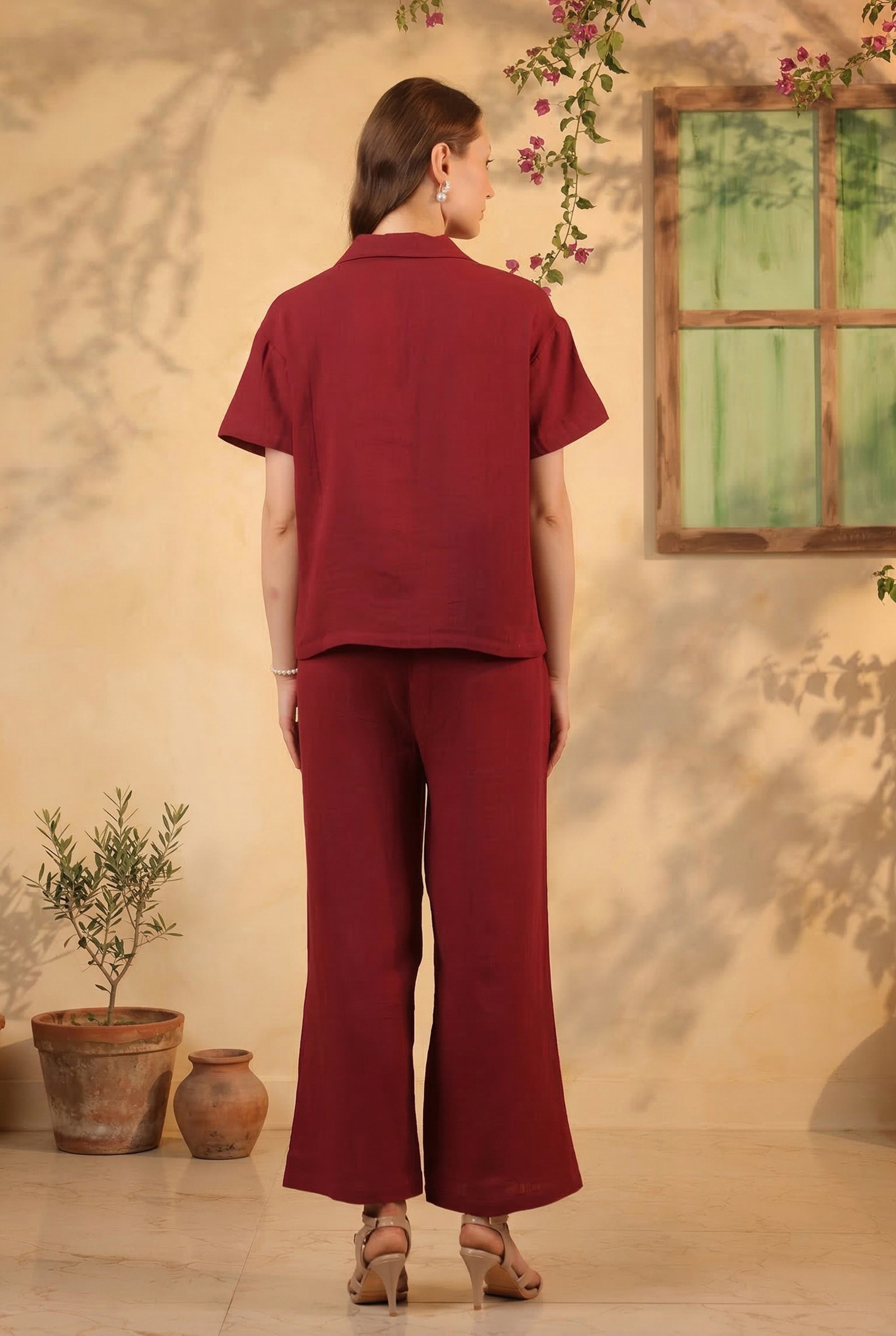 Maroon Solid Cotton Button-Down Night Suit Set