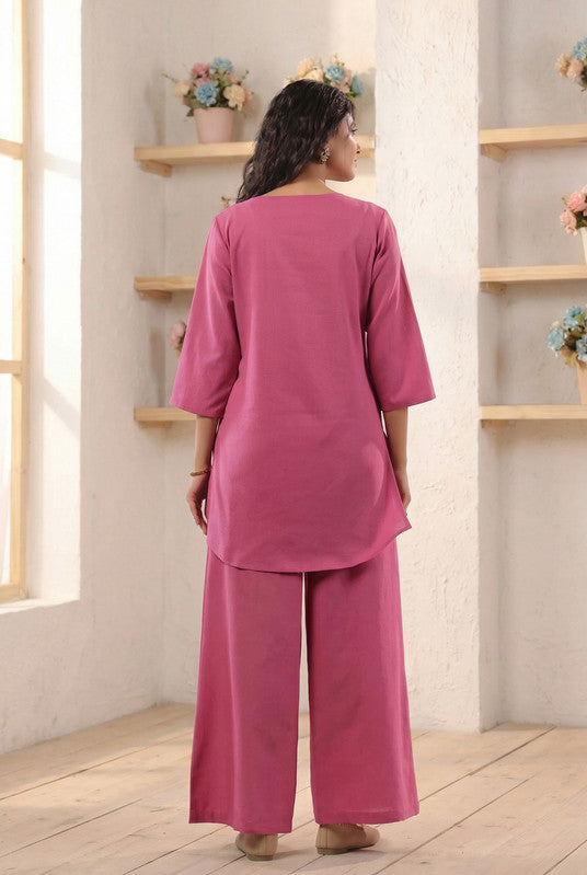 Rose Pink Floral Embroidered Cotton Flex Co-ord Set