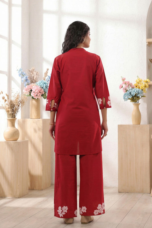 Red Floral Printed Cotton  Co-ord Set with Matching Pants