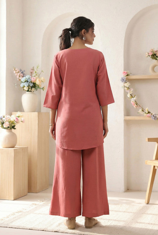 Dusty Peach Floral Motif Embroidered Cotton Flex Co-ord Set