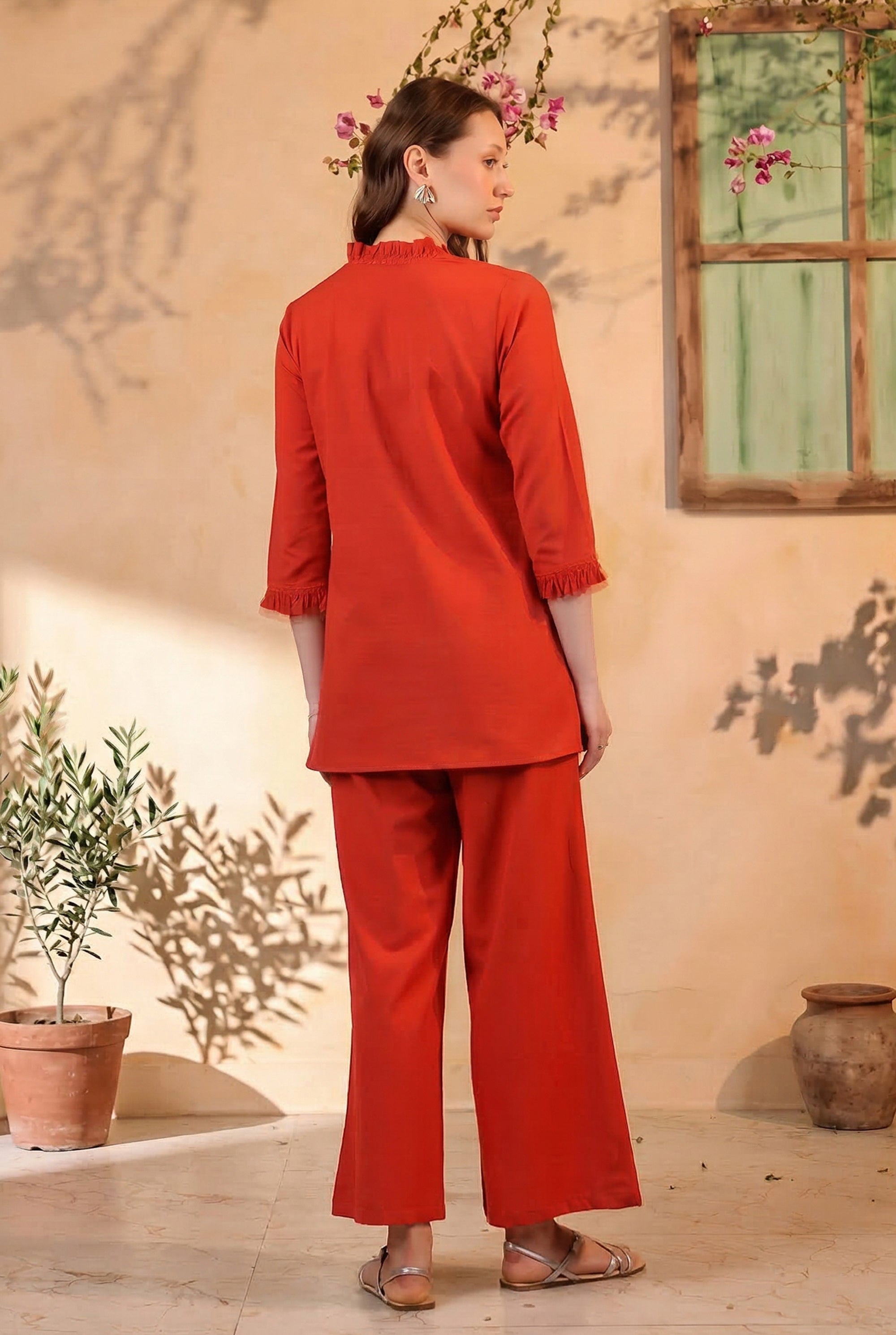 Rust Orange V-Neck Ruffle Style Detail Solid Cotton Flex Relaxed Fit Two-Piece Co-ord Set