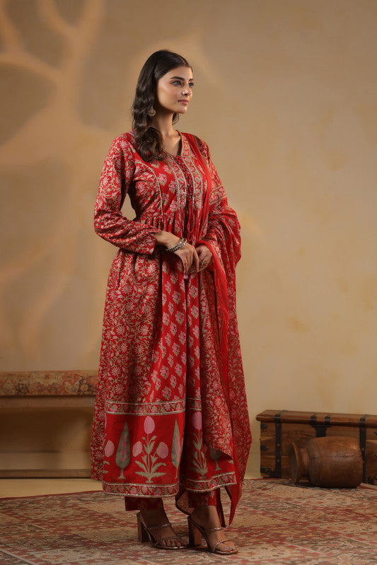 Red Floral Printed Anarkali Kurta Set with Dupatta