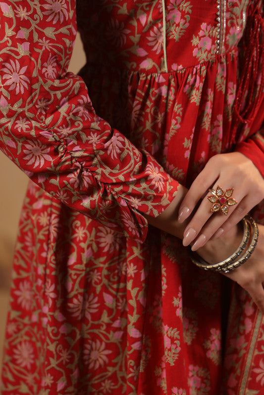 Red Floral Printed Anarkali Kurta Set with Dupatta