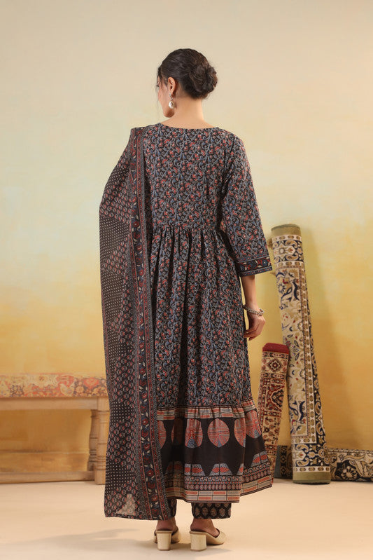 Midnight Black Ajrakh Printed Kurta Set with Pants & Dupatta