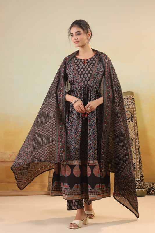 Midnight Black Ajrakh Printed Kurta Set with Pants & Dupatta