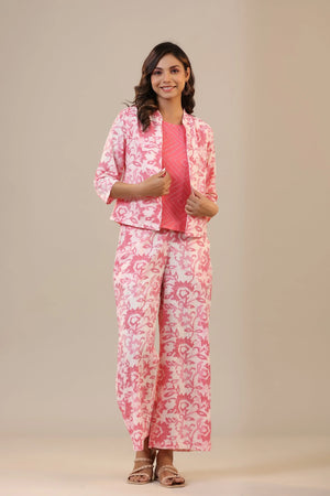 Pink Florals With Bandhej on Cotton Three piece Set