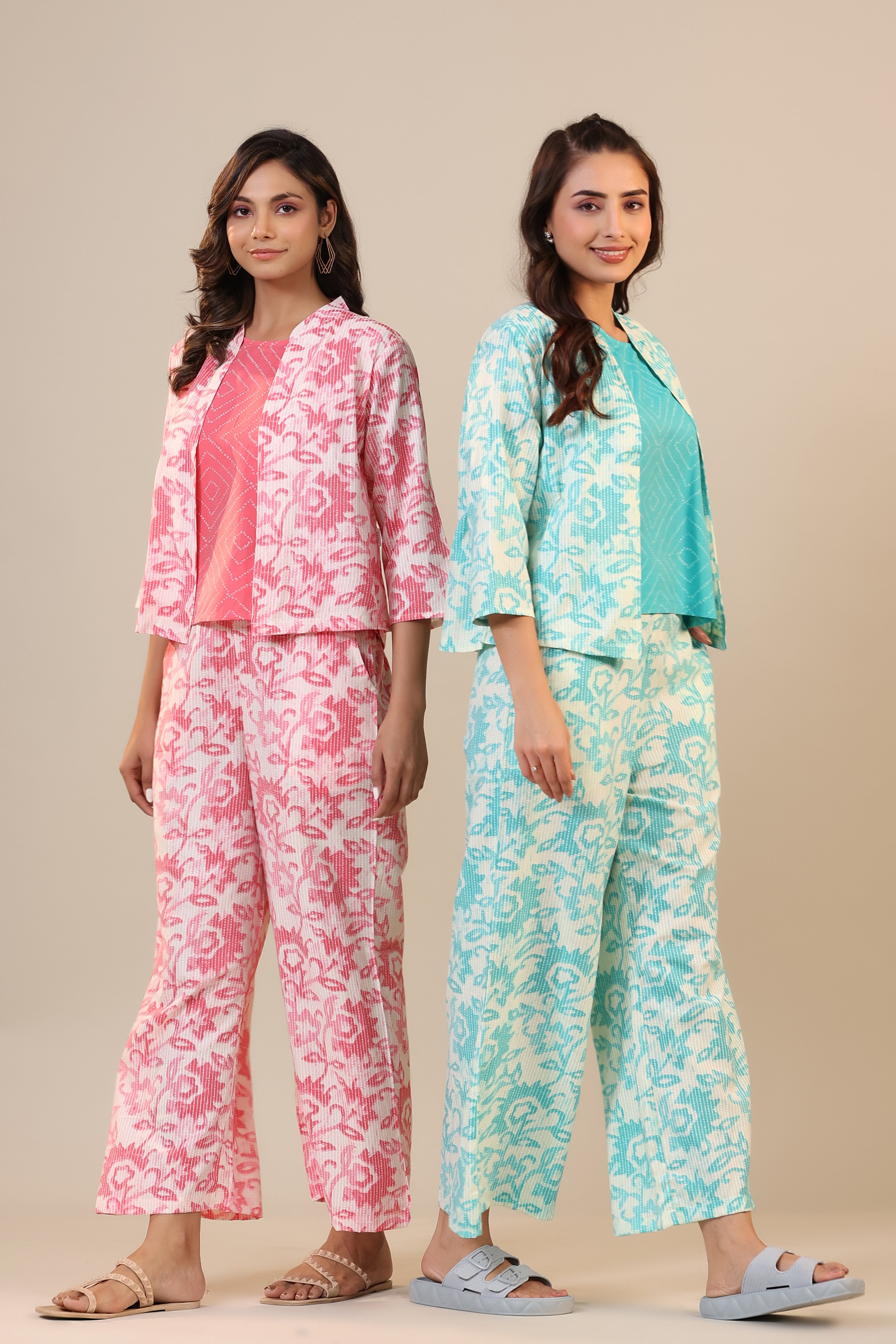 Blue Florals With Bandhej on Cotton Three piece Set
