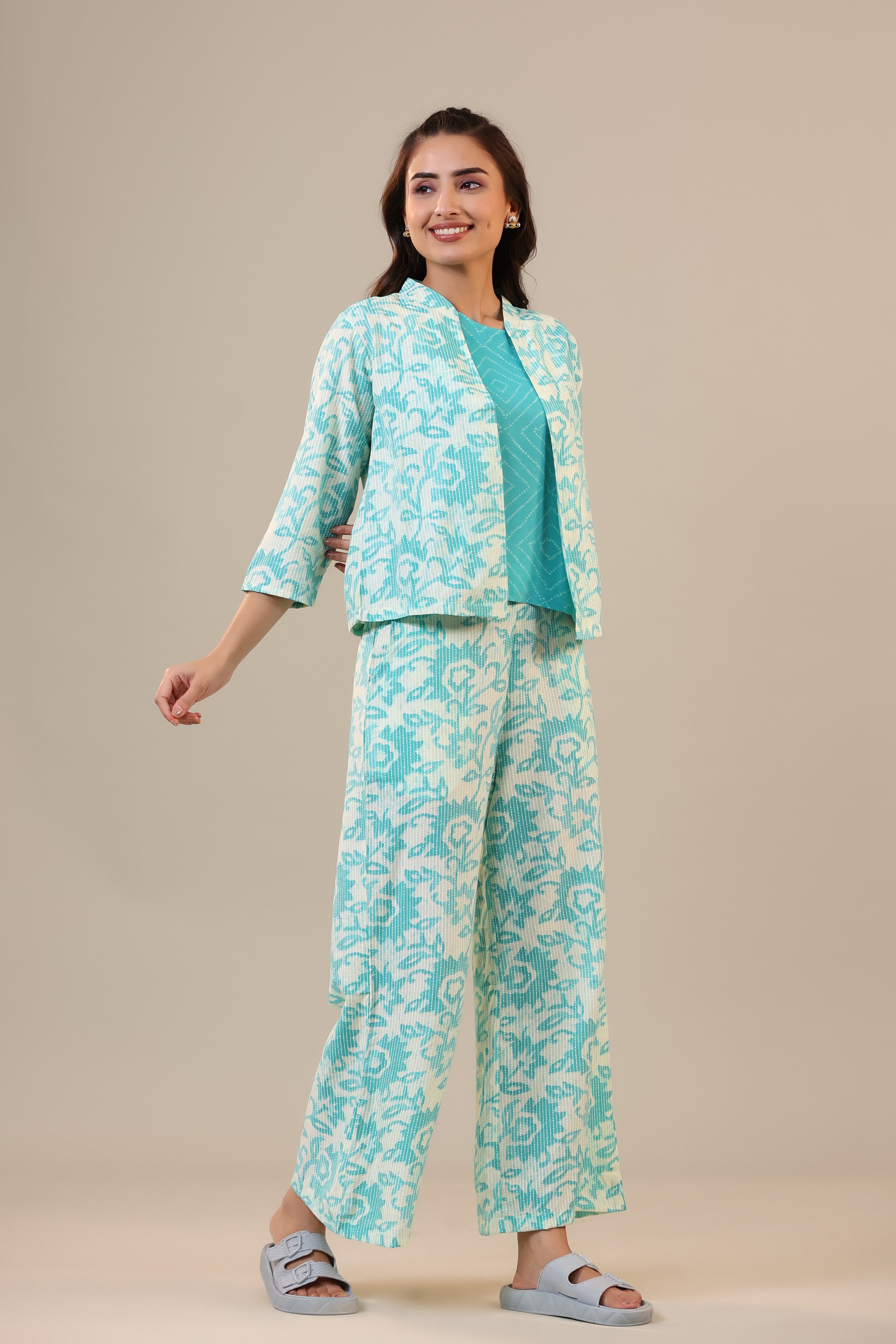 Blue Florals With Bandhej on Cotton Three piece Set