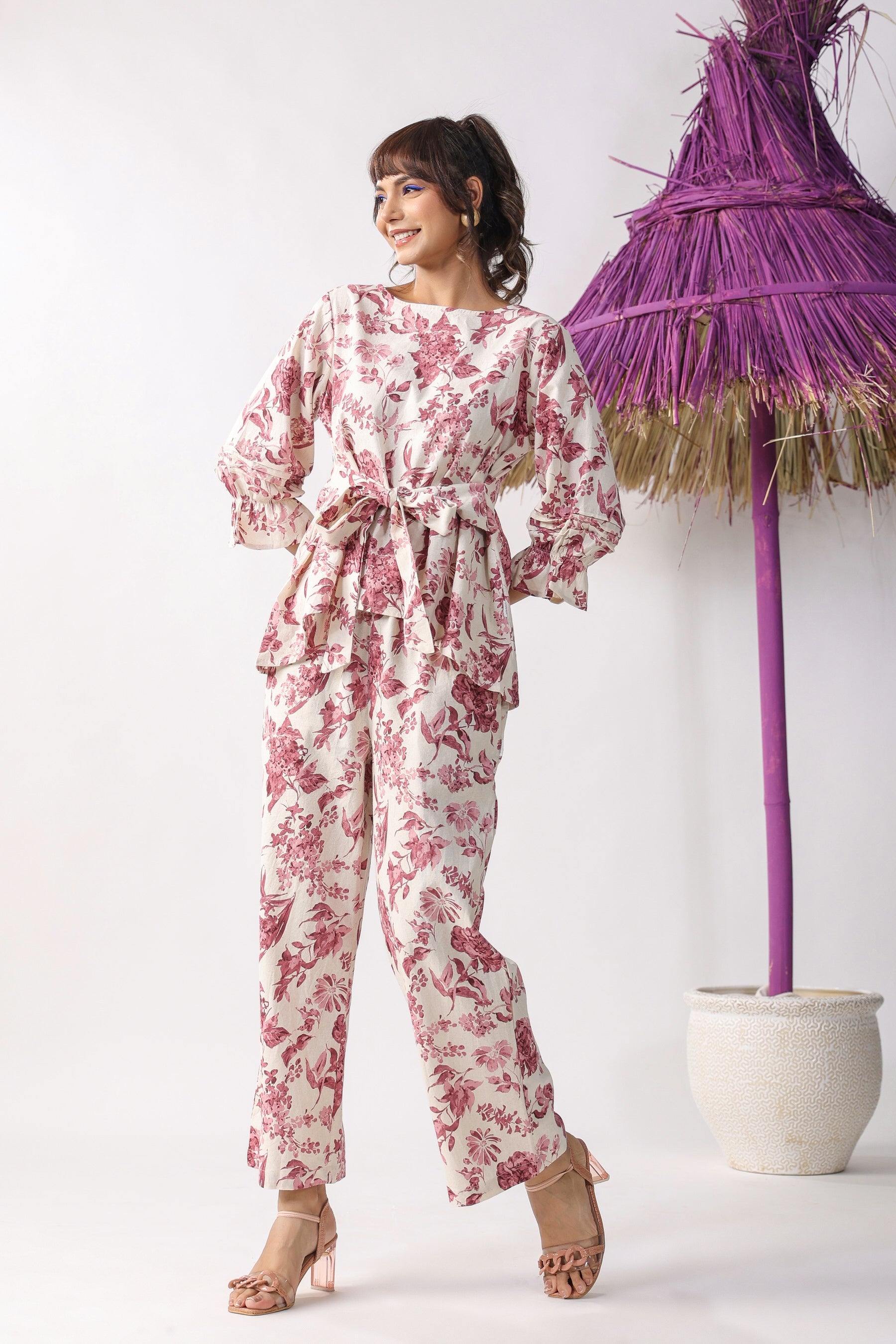 Pink Flower Bloom On Cotton Flex Co-ord Set