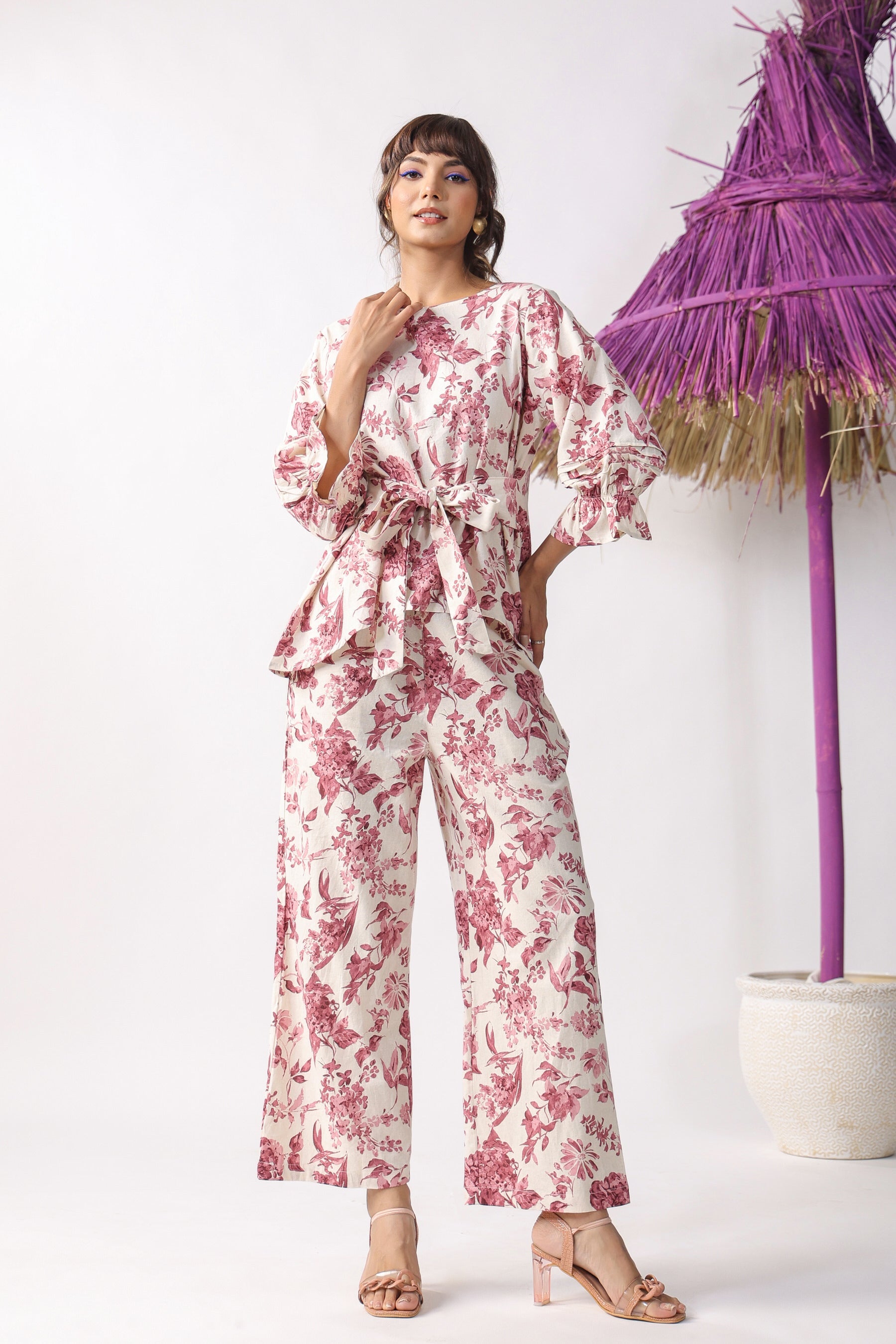 Pink Flower Bloom On Cotton Flex Co-ord Set