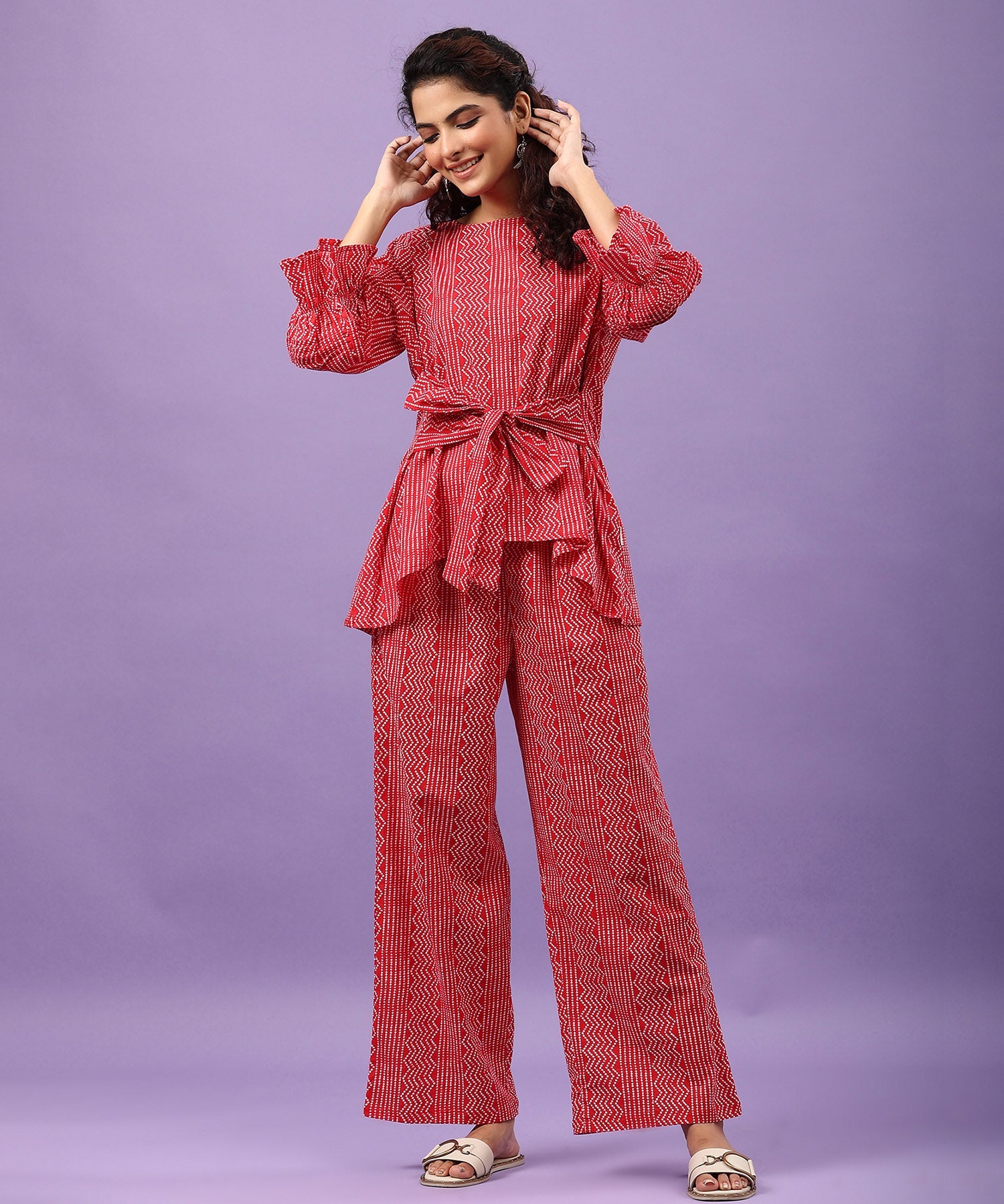 Zigzag Bandhej on Cotton Red Front Tie-up Co-ord Set