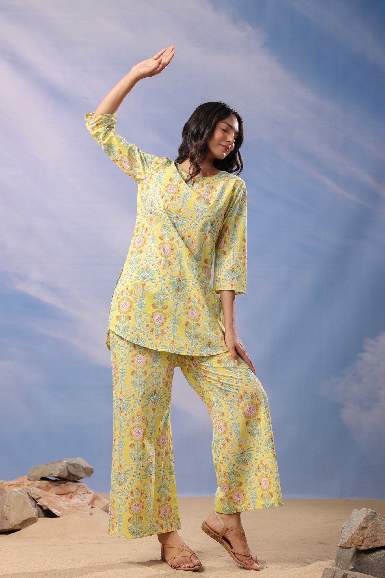 Citrus Delight Cotton Palazzo Loungewear Set