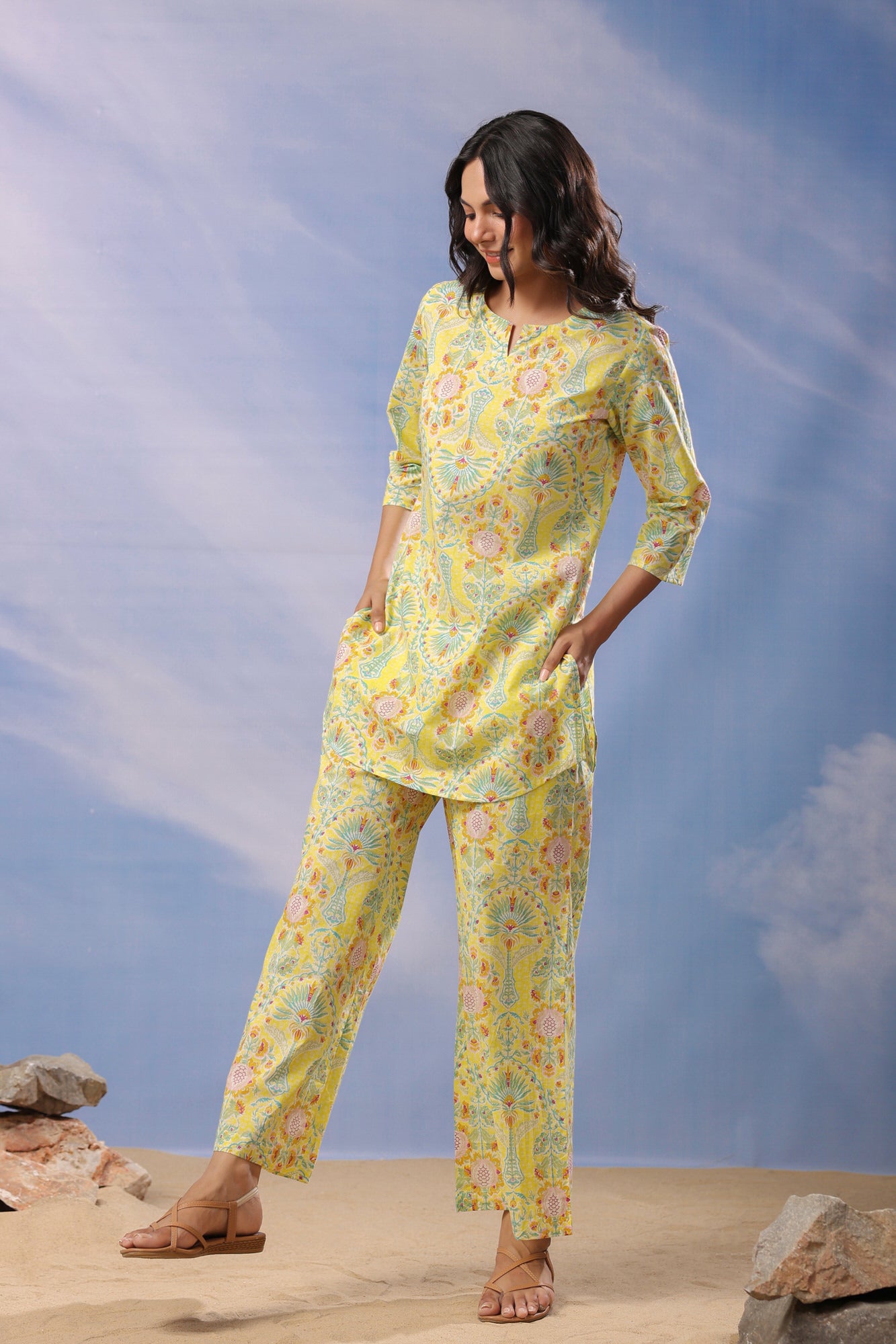 Citrus Delight Cotton Palazzo Loungewear Set