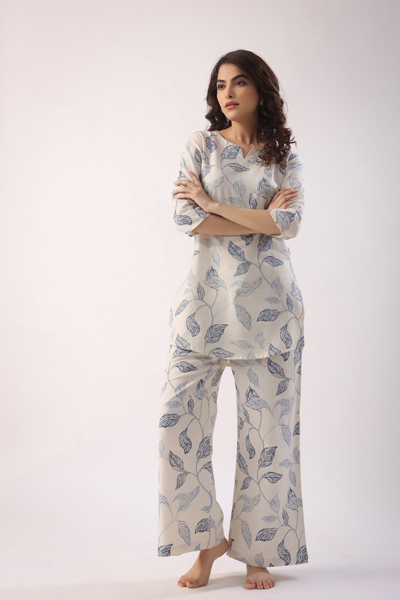 Leaves On Cotton Flex Palazzo Loungewear Set