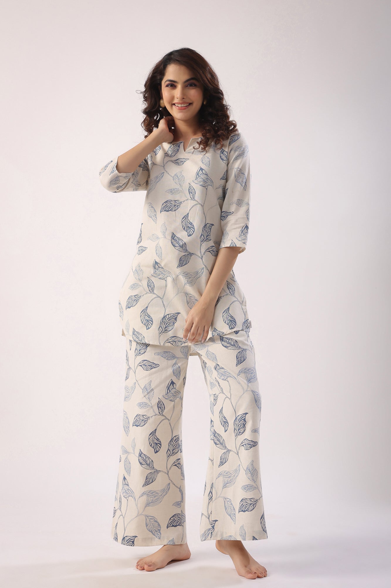 Leaves On Cotton Flex Palazzo Loungewear Set