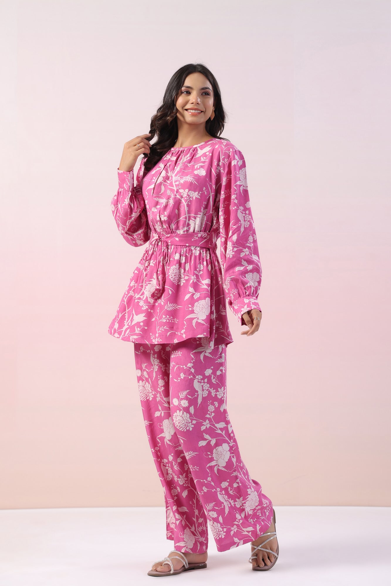 Zinnia Pink Floral Russian Silk Coord Set